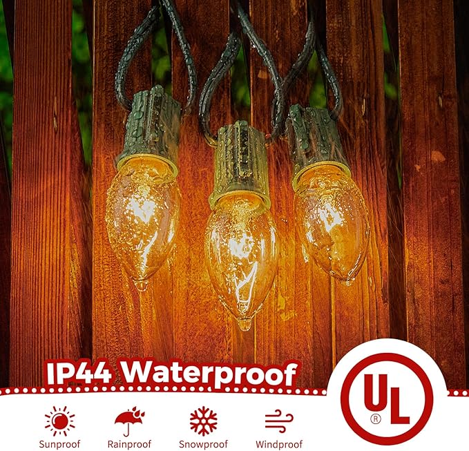 Brightown C9 Clear Christmas String Lights - Outdoor Christmas Tree Lights String - Hanging Christmas Roofline Lights - Patio Lights for Outdoor Decor - Green Wire, 25 Feet