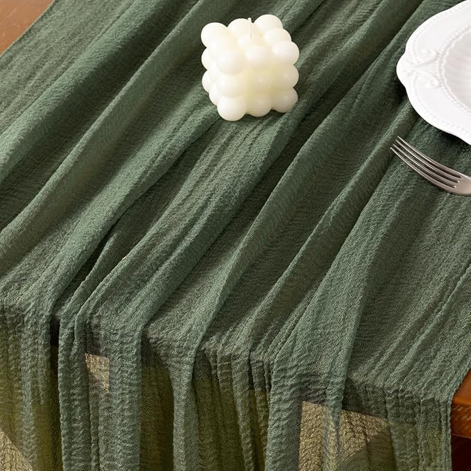 Socomi Green Cheesecloth Table Runner Olive Easter Spring Gauze 120 Inch Rustic Boho Cheese Cloth Runner for Wedding Party Baby Bridal Shower Centerpiece Decoration Holiday Home Decorations