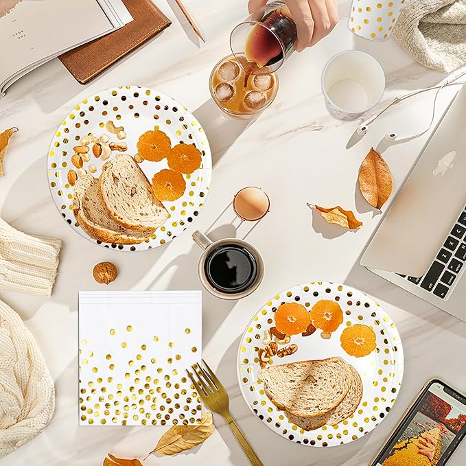 160 Pcs White and Gold Paper Plates, Forks and Cups Party Supplies, Disposable Paper Dessert Cake Plates Tableware Supplies for Birthdays, Graduations, Weddings, Holidays (Serves 40)(7 inches)