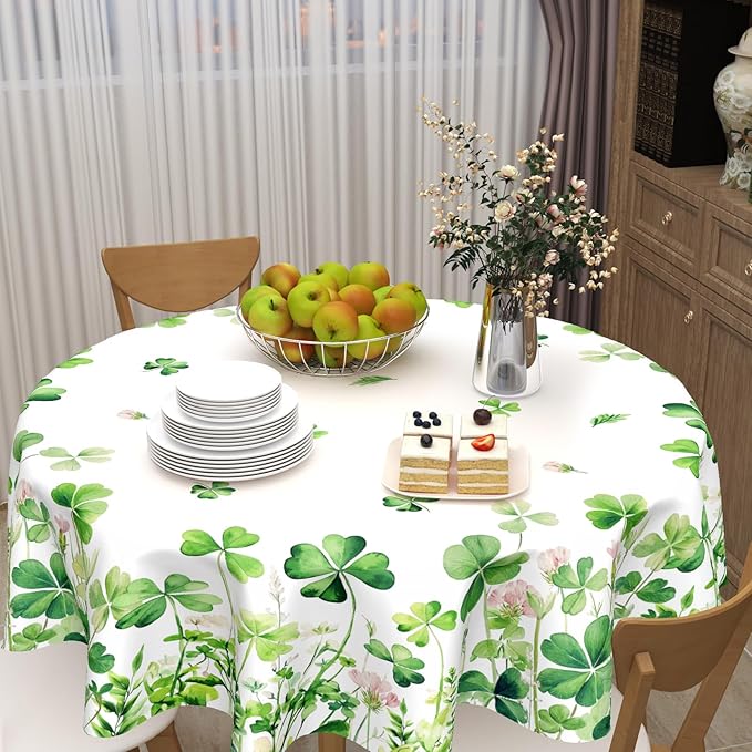 St Patricks Day Tablecloth Round 70 Inch Green Shamrock Table Cloth Farmhouse St Patrick's Day Table Cover for Kitchen Dinner Room Holiday Party Indoor Outdoor Home St Patricks Day Decor