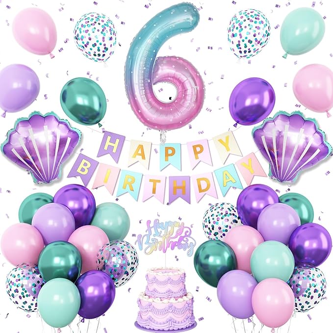 6th Mermaid Birthday Decoration for Girls,Pink Purple Green 6th Birthday Balloon Number 6 Seashell Foil Balloons Banner Mermaid Sea Party Decor Supplies for 6 Year Old