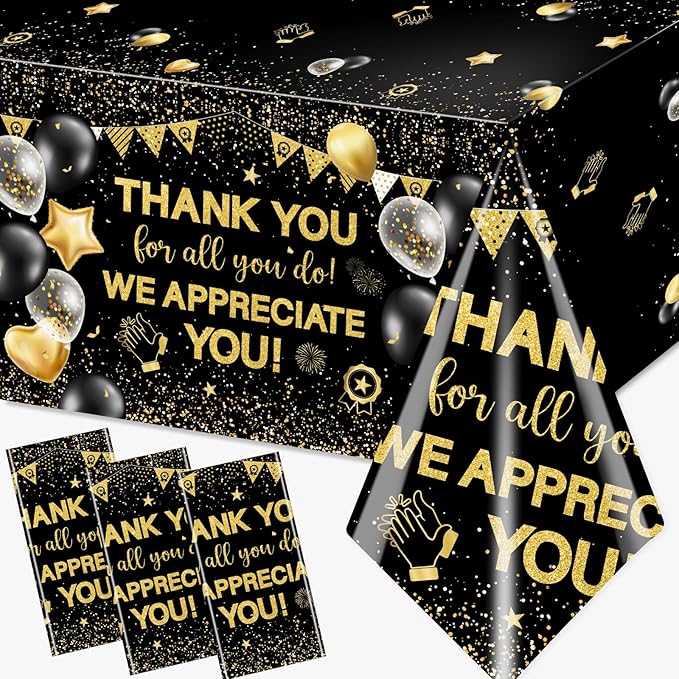 We Appreciate You Tablecloth Decoration,Thanks You Party Decoration 3pcs Black and Gold Thank You for All You Do Table Covers for Appreciate Party Employee Teacher Doctor Decor