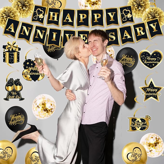Happy Anniversary Decorations, Black and Gold Happy Anniversary Banner Wedding Party Decorations with 18Pcs Balloons, Backdrop, Hanging Swirls, Pompoms
