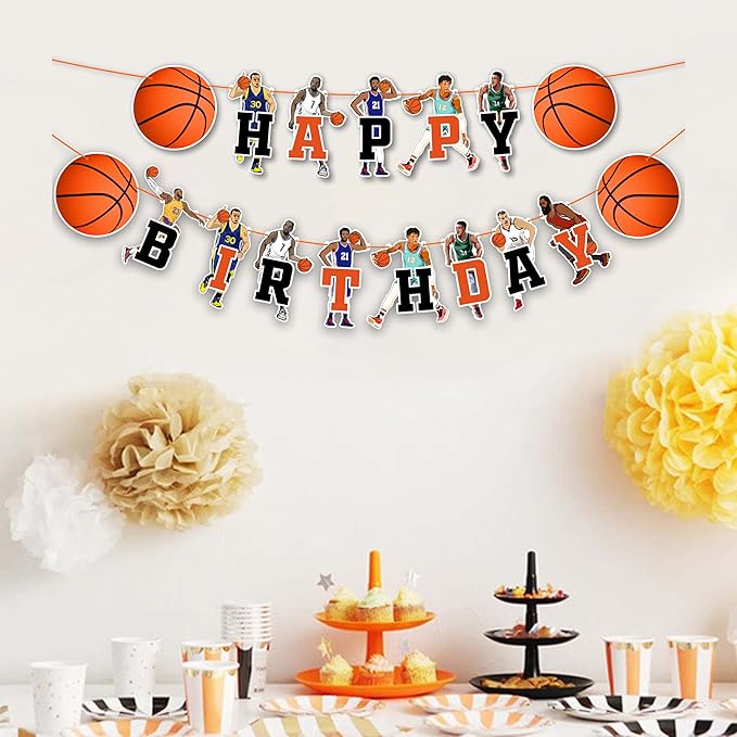 "Basketball Happy Birthday Banner – Sports Themed Party Decorations for Adults – Slam Dunk Basketball Birthday Party Supplies – Backdrop for Dessert Table, Cake Smash, High Chair, and Team Celebrations"