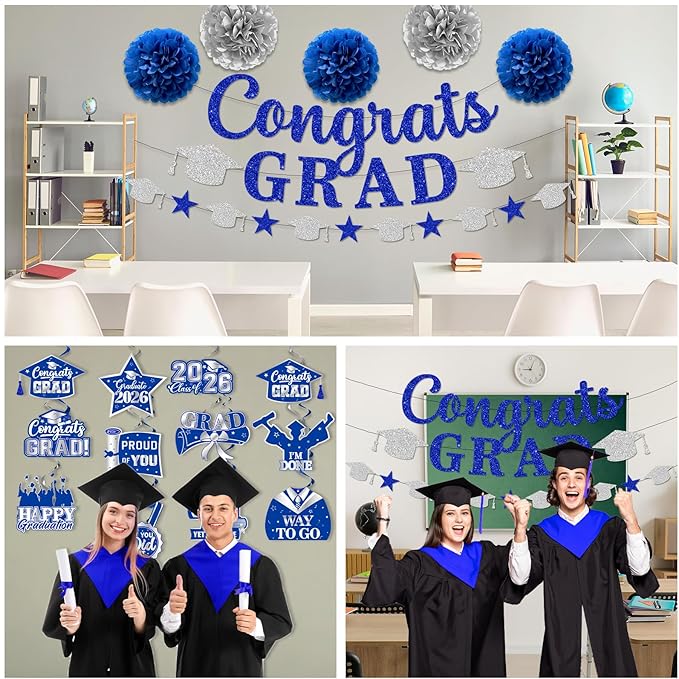 Graduation Decorations 2026, Glitter Congrats Grad Banner Hanging Swirls and Tissue Pom Poms, Silver and Blue Graduation Decorations for Class of 2026 College Graduations Party Decorations