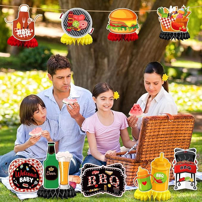 JULMELON 9PCS BBQ Baby Shower Party Decorations Honeycomb Centerpieces, 3D Double Side Summer Picnic Centerpieces for Tables Cookout BBQ Birthday Picnic Themed Party Decorations Supplies
