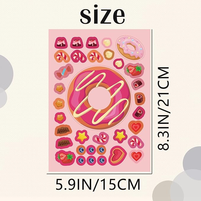 24 Sheets Donut Make a Face Sticker Sheets for Kids Todders Activities, Make Your Own Stickers for Kids Birthday Party Favor Supplies Craft