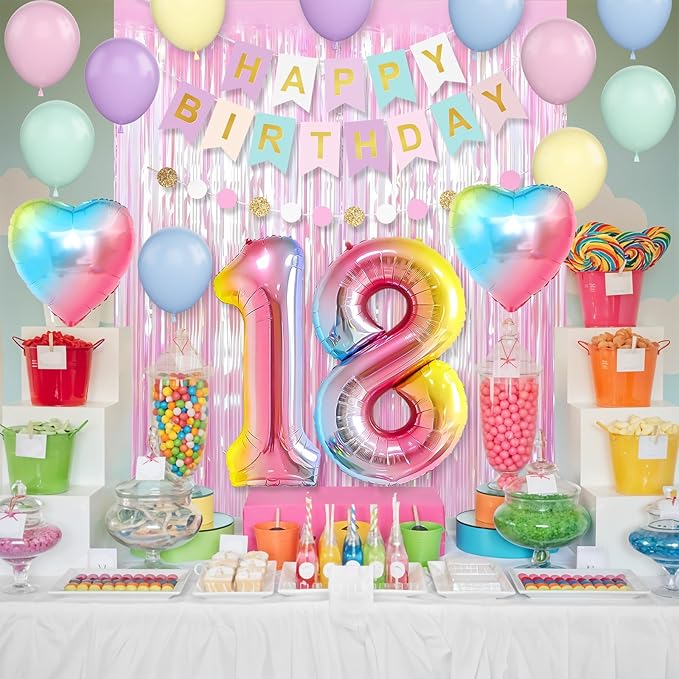 18th Birthday Decorations Rainbow,Gradient Number 18 Balloon,Pastel Happy Birthday Banner Fringe Curtain Heart Foil Balloons Boys Girls 18 Year Old Decor