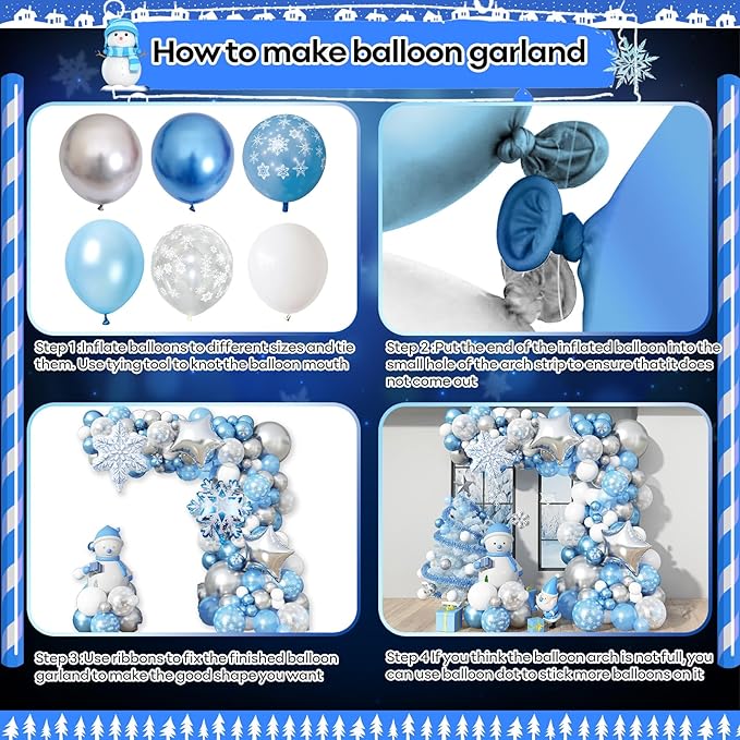 Snowflake Balloon Garland Arch Kit Winter Snowflake Balloons with Silver Blue White Snow Confetti Latex Balloon for Winter Wonderland Christmas Baby Shower Princess Birthday Party Decor
