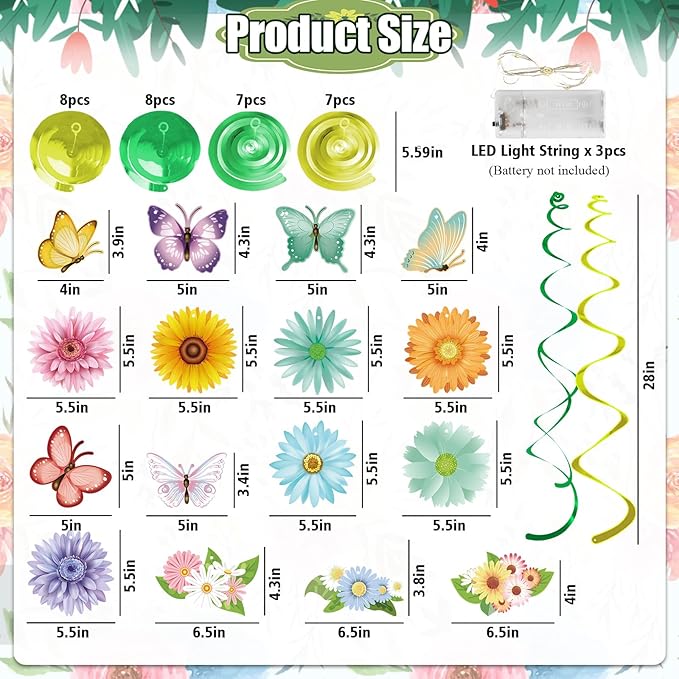 33pcs Spring Hanging Decorations for Home - Flower Butterfly Hanging Swirls with Led Lights for Spring Summer Easter Flower Butterfly Themed Birthday Party Decorations