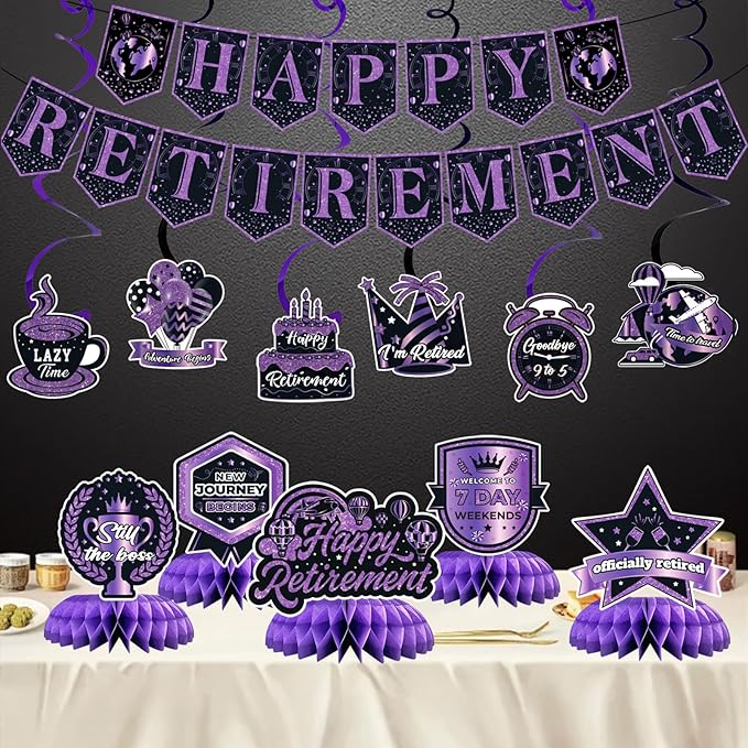 12Pcs Retirement Party Decorations for Men Women Purple Black Happy Retirement Banner Honeycomb Centerpiece Swirls Party Supplies Retired Farewell Party Set Work Graduation Party Decorations