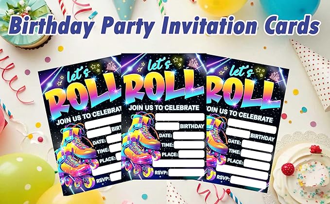 CLIRBE Let's Roll Birthday Party Invitations, Glow Neon Birthday Invitations For Brother Bro Teen Boys Girls, 20 Invites Cards With 20 Envelopes, Party Supplies Favors -H07