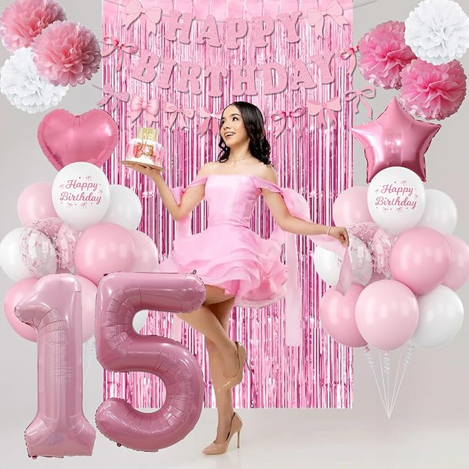 15th Birthday Decorations for Girls Pink Number 15 Balloon Bow Coquette Happy Birthday Banner Fringe Curtain Paper Pom Poms Star Heart Foil Pink White Balloons 15 Year Old Party Decor