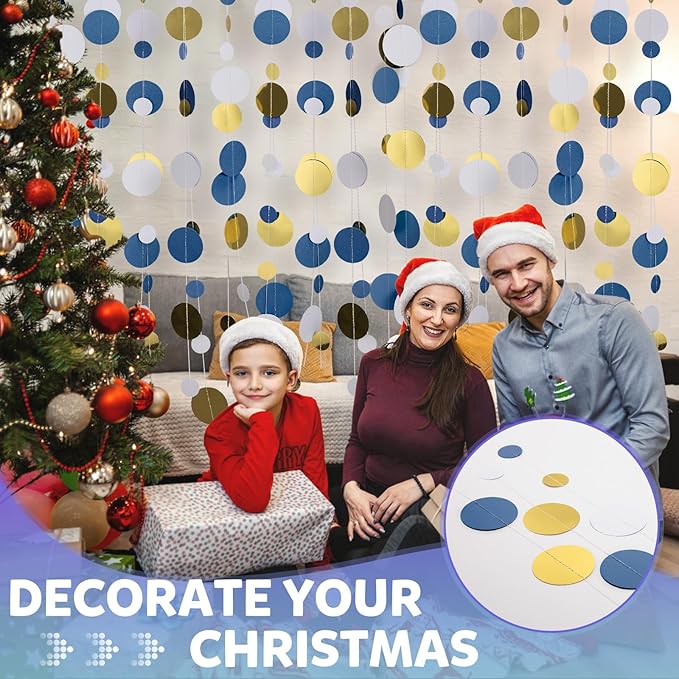 52FT Party Garlands, Paper Garland Circle Dots, Hanging Circle Banner Decorations for Birthday, Party, Wedding, Baby Shower, Graduations, Christmas, Wall Decor (Gold White Blue Garlands)