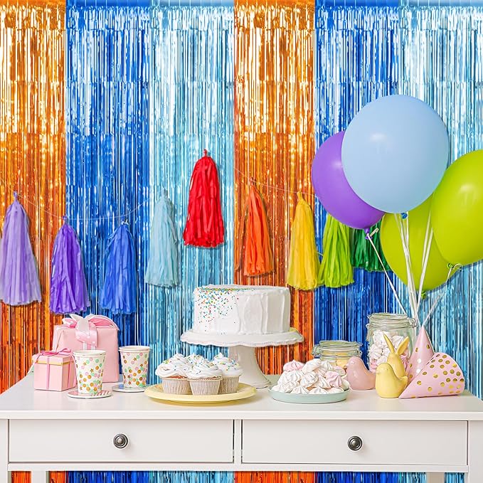 6 Pack 3.3X6.6Ft Blue Dog Foil Fringe Curtains Backdrop Decorations, Orange and Light Blue Birthday Party Tinsel Metallic Streamers Photo Booth Background for Dog Theme Party Supplies