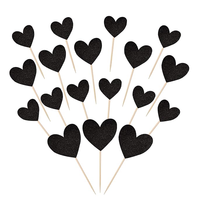 30 PCS Love Heart Cupcake Toppers Glitter Sweet Love Cupcake Picks Bridal Shower Wedding Engagement Cake Decorations for Valentine's Day Baby Shower Birthday Anniversary Party Supplies Black