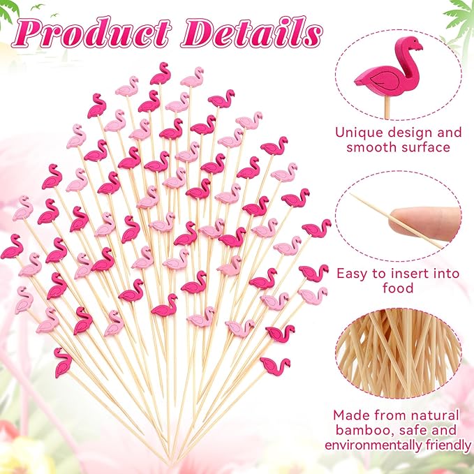 100 Pcs Flamingo Toothpicks, 4.72 Inch Flamingo Toothpicks for Appetizers, Long Bamboo Toothpicks, Decorative Toothpicks Skewers for Luau Hawaii Beach Holiday Party Decorations (Flamingo)