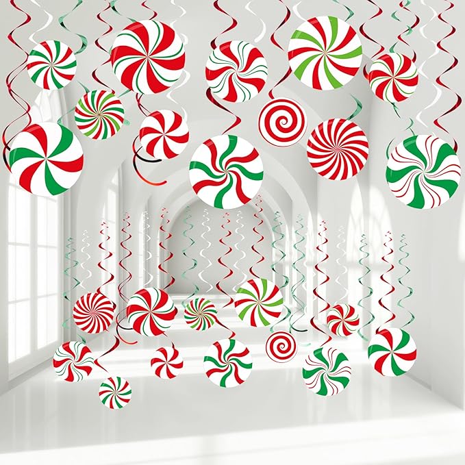 Funrous 54 Pcs Christmas Peppermint Candy Hanging Decorations Christmas Candies Ceiling Hanging Swirls Xmas Party Ceiling Whirl Streamers for Xmas Holiday Party Decor(Red White Green)