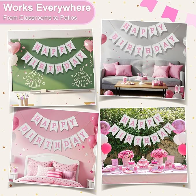 Happy Birthday Banner - Pre‑Strung Burlap Birthday Decorations and Reusable Birthday Sign for Men, Women & Kids | Party Supplies Backdrop (Pink)