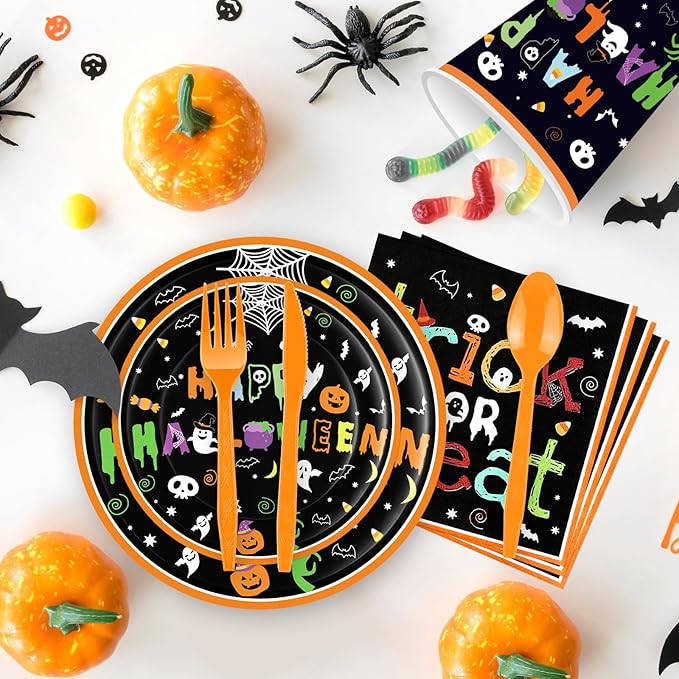 175 Pcs Halloween Tableware Party Supplies Set - Serves 25, Spooky Happy Halloween Disposable Dinnerware, Includes Plates, Cups, Napkins, Forks, Spoons, Knives for Trick or Treat Favors