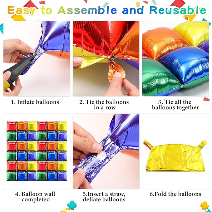 36 Pcs Rainbow Birthday Decorations Balloons Brick Square Foil Balloon Wall Backdrop Arch Kit Double Sided Metallic for Cartoon Video Game Party Supplies(Red Yellow Blue Green Orange Purple)