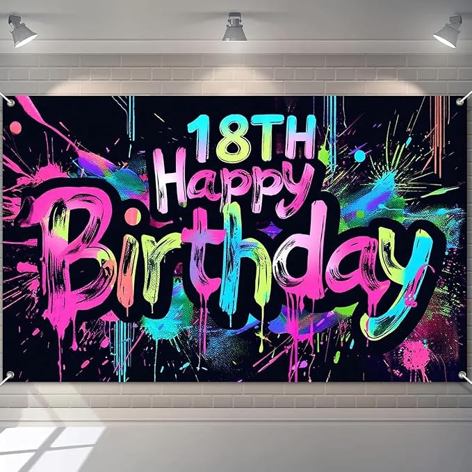 Neon 18th Happy Birthday Banner 71x43 Inch Glow in The Dark Party Backdrop Colorful Wall Decor for Adults Boys Girls Eighteenth Birthday Celebrations Photo Booth Props Event Supplies