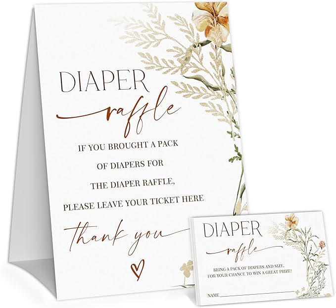 Flower Diaper Raffle Game, Diaper Raffle Tickets for Baby Shower, Floral Gender Neutral Tickets for Baby Shower Party Favor Decorations Supplies (1 Sign + 50 Cards)