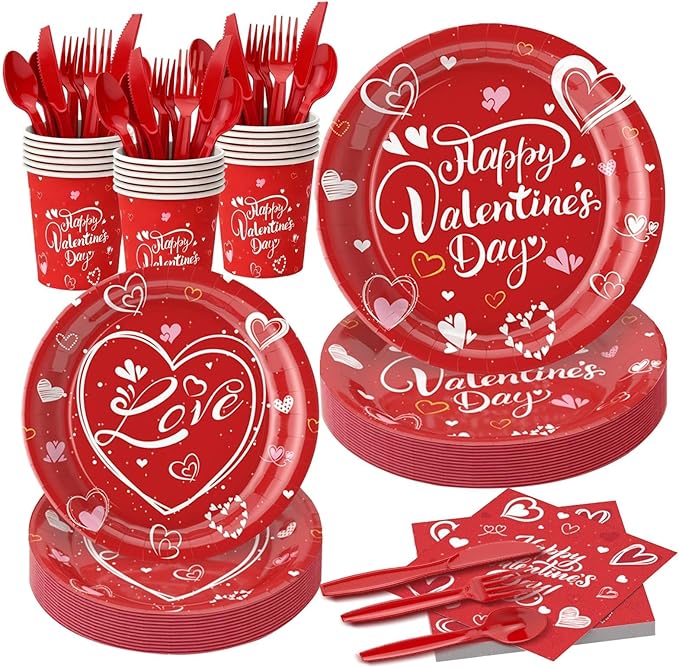 112PCS Valentine’s Day Heart Party Plates Supplies Love Red Heart Party Tableware Decoration Disposable Paper Plates Napkins Forks for Graduation, Anniversary(Serves 16)