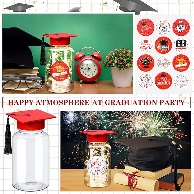 Boao 16 Sets Graduation Table Decoration Set with LED Light up Graduation Decorations for Class of 2026, Grad Jar, Felt Grad Hat and Stickers for High School College(Red,Vivid)