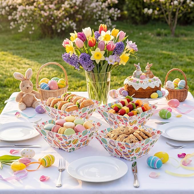 Marspark 12 Pcs Easter Popcorn Boxes Easter Paper Food Trays Watercolor Bunny Egg Flower Platter Spring Rabbit Dishes for Food Snacks Cookies Dessert Party Supplies Birthday Baby Shower Wedding