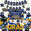 Night Blue Gold Balloons GRAD Print Balloons with Banner Table Honeycomb Centerpieces Hanging Swirl backdrop Stars Graduation Cap GRAD Letters Mylar Balloons for 2026 graduate Prom Decorations