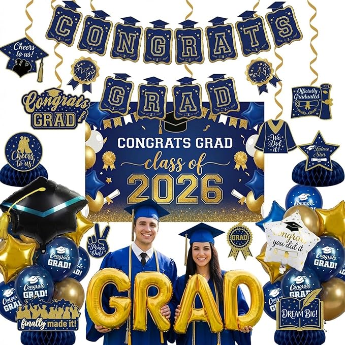 Night Blue Gold Balloons GRAD Print Balloons with Banner Table Honeycomb Centerpieces Hanging Swirl backdrop Stars Graduation Cap GRAD Letters Mylar Balloons for 2026 graduate Prom Decorations