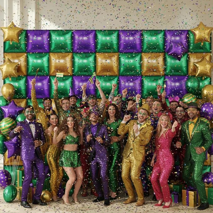 50 Pcs Mardi Gras Party Decor Double Sided Square Foil Balloons Wall Backdrop 19'' Purple Green Gold Foil Balloon Tunnel Arch Garland Kit for Fat Tuesday New Orleans Carnival Masquerade Party