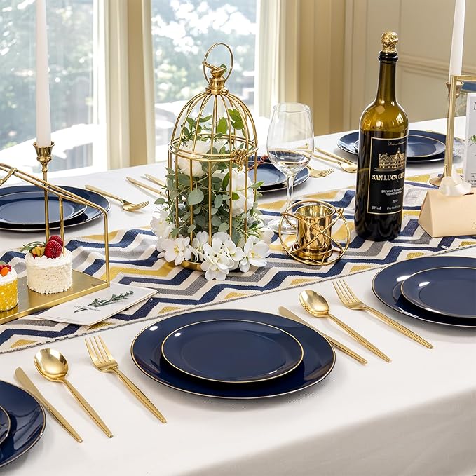 bUCLA 150PCS Blue and Gold Plastic Plates - 25 Guests Navy Blue Plastic Dinnerware Disposable for Party and Passover - Include 25 Dinner/Dessert Plates, 25 Knives, 25 Forks, 25 Spoons, 25 Cups