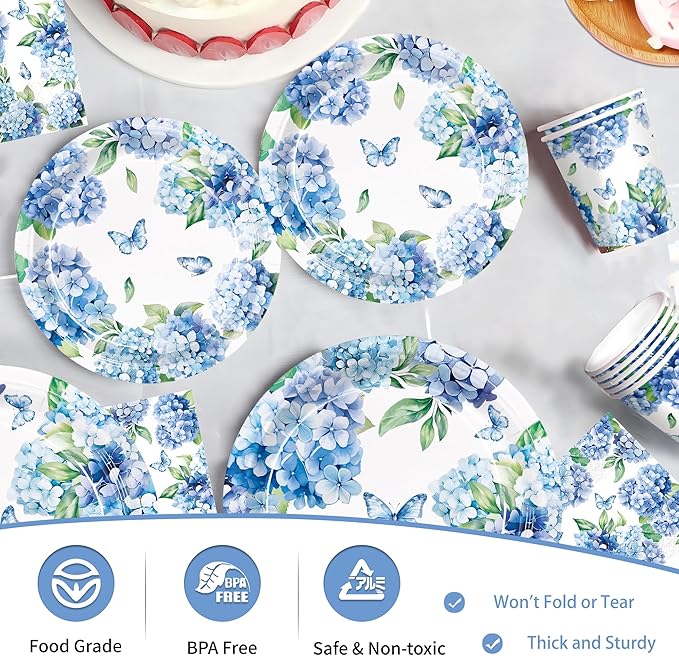 100pcs Hydrangea Party Supplies Paper Plates Napkins Cups Hydrangea Floral Tableware Set for Summer Wedding Birthday Tea Party Supplies Serve 25 Guests