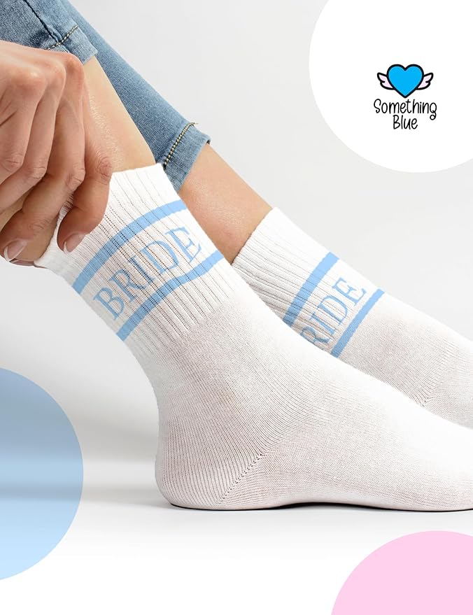 Bride Socks for Wedding Day "Something Blue" | Cute Novelty Crew Socks for Bride to Be | Bachelorette Party Gifts, Bridal Shower, Engagement Gift | White Cotton Casual Socks with Blue "BRIDE" Writing