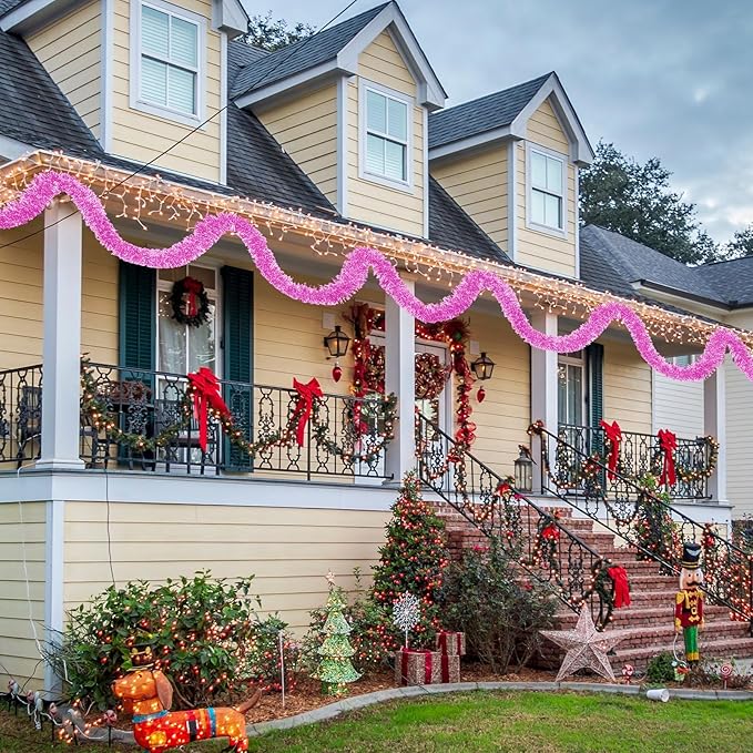 25 Feet Christmas Tinsel Garland, Metallic Twist Garland Wall Hanging Tinsel Garland Backdrop for Parade Floats, Carnival, Birthday, Wedding, New Year Party Decorations (Macaron Pink, 4in x 25ft)