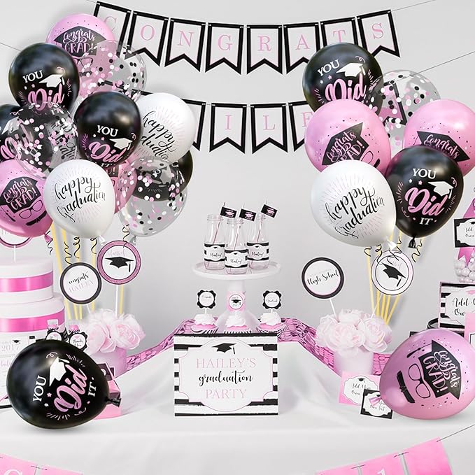 OuMuaMua 75 Pack Graduation Party Decorations Balloons Set - 12 Inch Pink Black White Confetti Graduation Balloons with 2 Ribbons for Class of 2026 Congrats Grad Birthday Party Decor Supplies