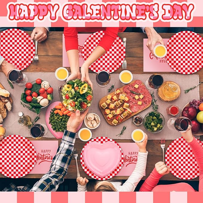 Zhehao 112 Pcs Galentine's Day Party Supplies Set for 24 Guests 9 Inch 7 Inch Paper Plates 9 oz Cups Napkins and Cutlery Pink and Red Plaid Ladies Celebration Party Decor Women Supplies