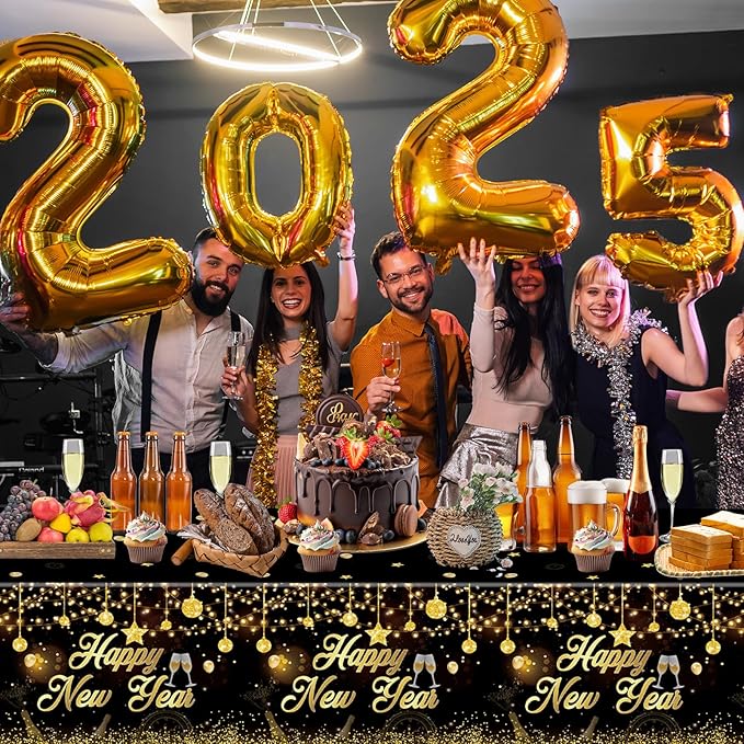 3 Pack New Years Tablecloths - Happy New Year Plastic Tablecloth Set, Black and Gold Disposable New Year's Table Cloth Cover Rectangle for 2026 New Years Eve Party Supplies Decorations, 108x54 Inch