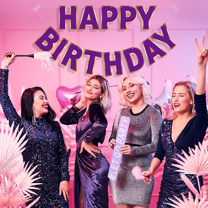 Happy Birthday Banner - 9ft Pre-Strung Happy Birthday Sign for Women, Men, Girls, Boys - No DIY Birthday Decorations & Party Supplies(Purple)