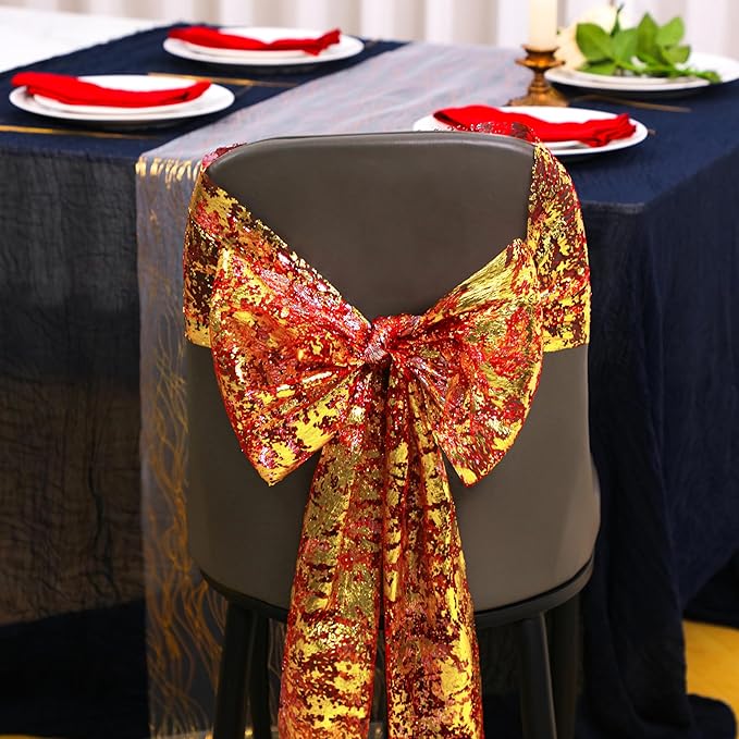 Snowkingdom 2Pcs Red Gold Table Runner, 11×108 Inch Sequin Glitter Foil Metallic Thin Mesh Table Runner, Gold Sparkle Centerpiece for Wedding Party Birthday Holiday Kitchen Dinner Decoration