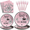 Grencian 96 Pcs Bad Two The Bone Party Decorations Girl Pink Skeleton 2nd Birthday Plates and Napkins Rock and Roll Tableware Set for Girls Music Theme 2 Year Old Birthday Party Supplies Serves 24