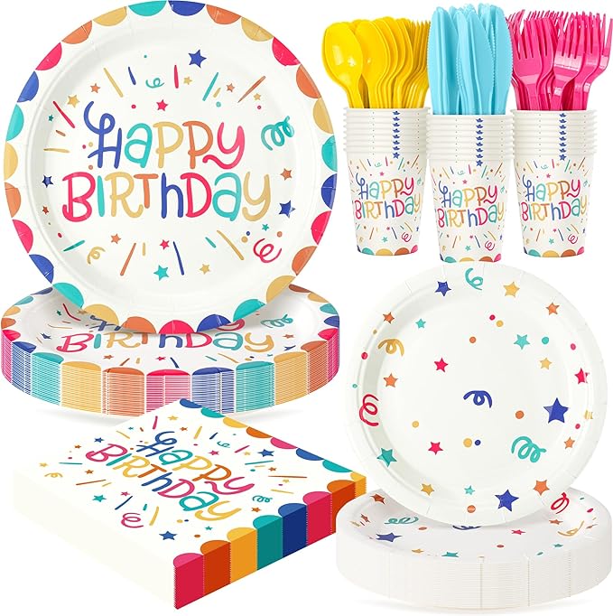 Multicolor Happy Birthday Party Plates Set, 168PCS Ribbons and Dots Stars Paper Plates Napkins Cups and Colorful Cutlery Set, 24 Set Colorful Disposablem Tableware Set for Birthday Party Decorations