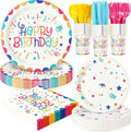 Multicolor Happy Birthday Party Plates Set, 168PCS Ribbons and Dots Stars Paper Plates Napkins Cups and Colorful Cutlery Set, 24 Set Colorful Disposablem Tableware Set for Birthday Party Decorations