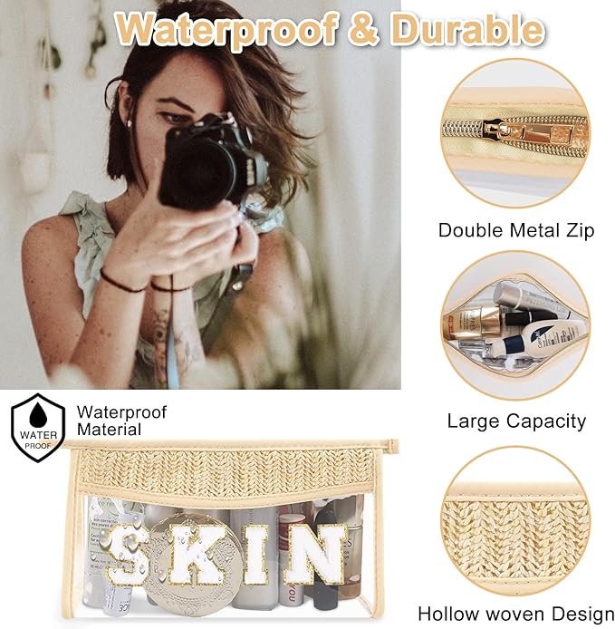 Boho Patch Skin Bag Clear Makeup Letter Bag, Waterproof Zipper Make up Bags Toiletry Pouch for Women Girls, Clear Letter Patch Cosmetic Bags Transparent Organizer Pouch for Travel(Skin, Beige)