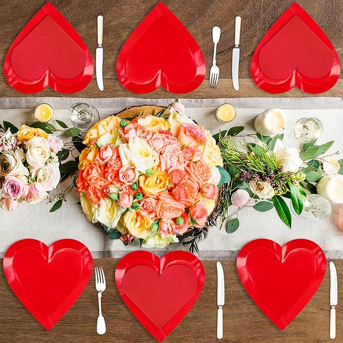 Valentine's Day Party Decorations, Disposable 9" Paper Plates and 3 Ply Napkins Heart Shaped Love for Wedding Engagement Valentine's Day, Bridal Shower, Mother's Day, Birthday Party, 50 Count / Red