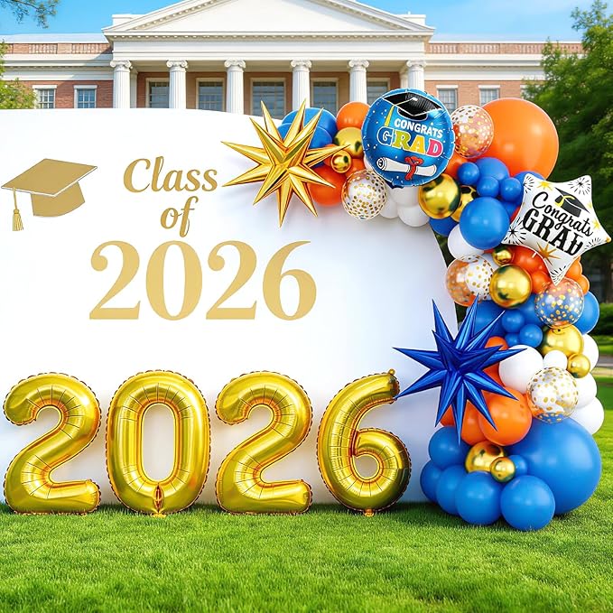 Orange Blue Gold Balloon Arch Kit, Graduation Balloons Garland, 2026 Graduation Decorations Blue and Orange Gold Balloons with Foil Star Confetti Balloon for Class of 2026 Party Decor