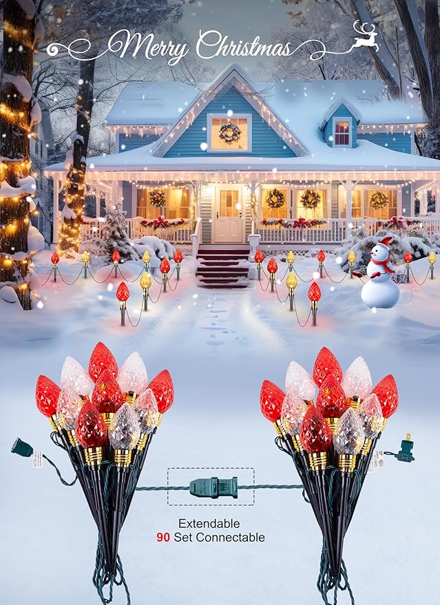 Brightown 2 Pack Strawberry C9 Christmas Pathway Lights Outdoor - Total 34.8 Feet 20 LED Christmas Walkway Lights, Christma LightsOutdoor Decorations for Yard Lawn Holiday Outside, Red & Warm White