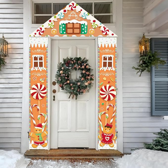 Christmas Gingerbread Door Cover Banners Decor Set,3 Piece Gingerbread House Decorations with Triangle Topper and Hanging Ginger Bread Christmas Decorations Banner for Porch Party Winter outdoor Decor